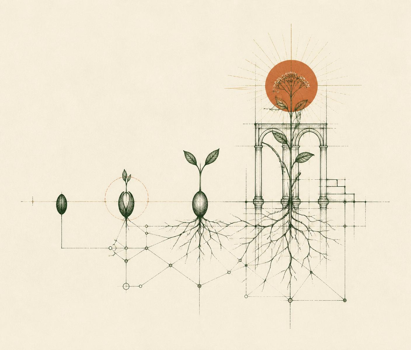An abstract editorial illustration showing seeds growing into a delicate architectural structure — the transformation of an idea into a built digital solution.